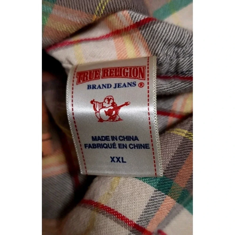 True Religion Shirt Men‎ Tag Size 2XL Fits Large Beige Plaid Pearl Snap